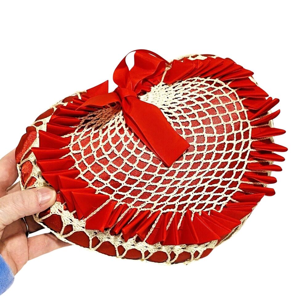 Vintage Heart Shaped Toss Pillow Red Satin Ribbons & White Crochet Caged Romance